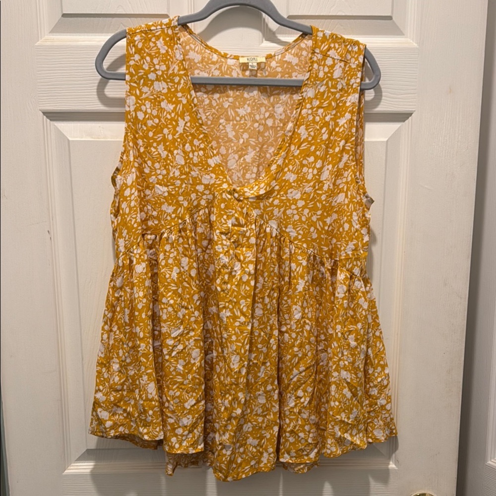Kori‎ White and Orange Sleeveless Tie Front Blouse